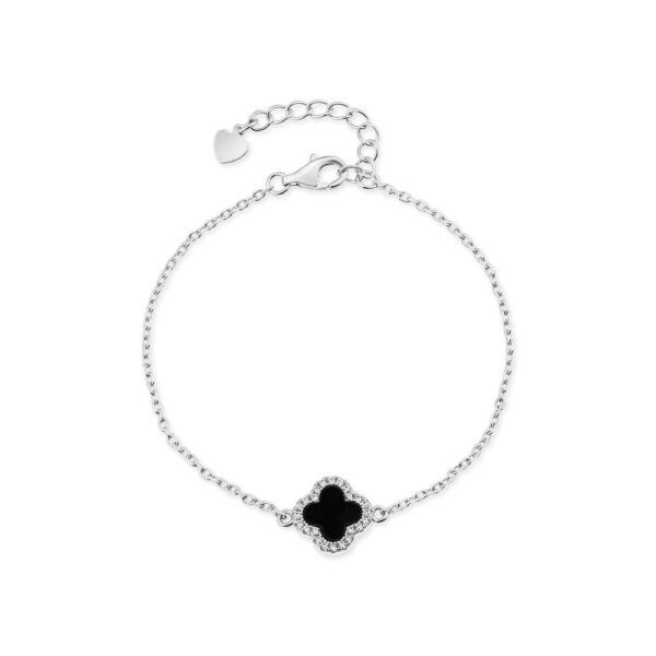 Buy 925 Silver Wholesale Black Centre Cubic Zirconia Set Clover Petal Bracelet