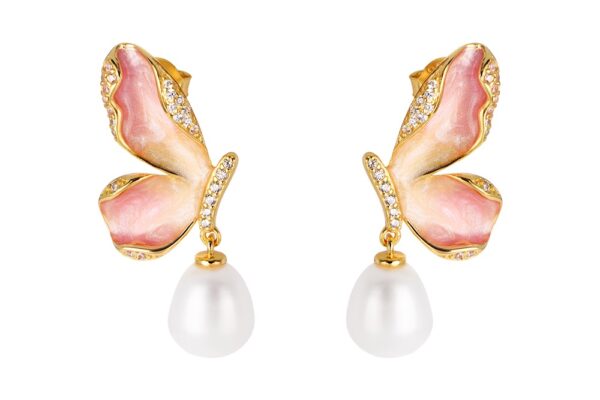 Buy Brass Wholesale Enamelled Butterfly With Zirconia And 10x8mm Pearl Earring