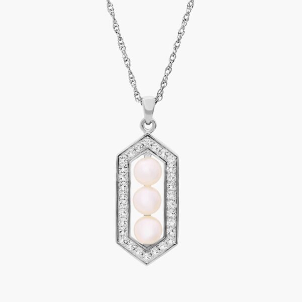 Freshwater Cultured Pearl and White Topaz Hexagon Halo Pendant in Sterling Silver