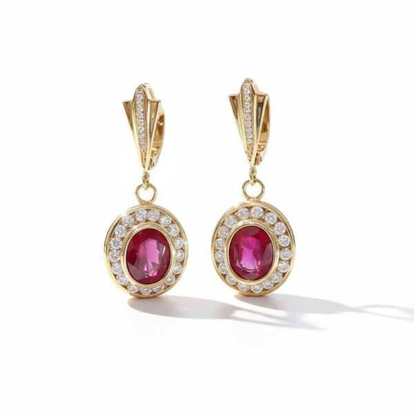 Ruby Oval Cut Halo Drop Earrings