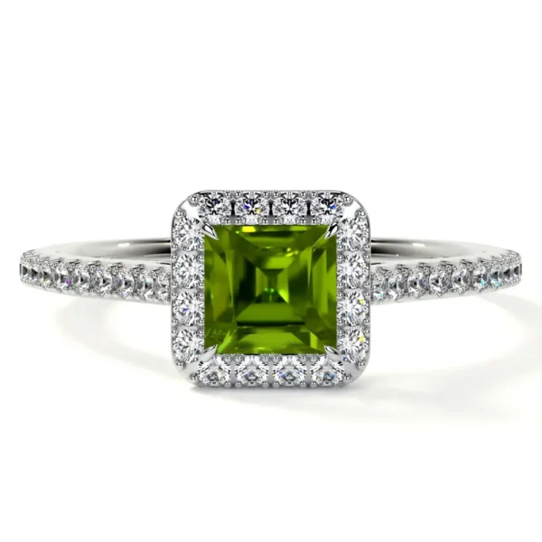 Natural Square Cut Peridot Prong Set Halo Ring