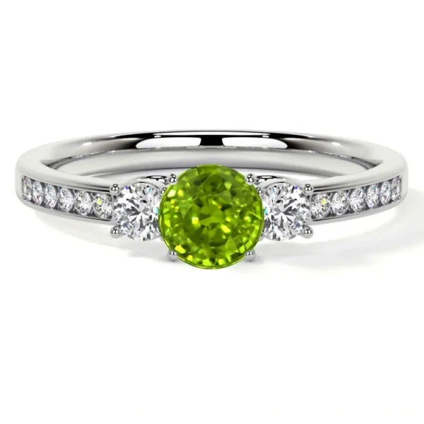 Natural Round Shape Peridot Prong Set Three Stone Ring