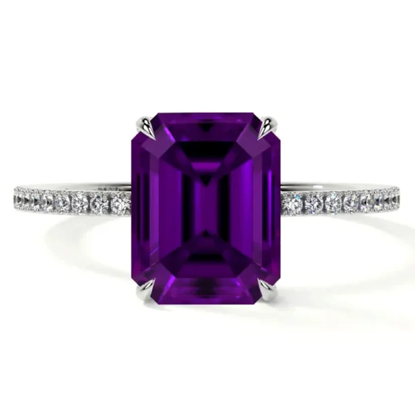 Natural Emerald Cut Amethyst Prong Set Halo Ring