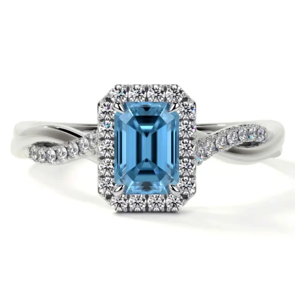 Natural Emerald Cut Swiss Topaz Prong Set Halo Ring