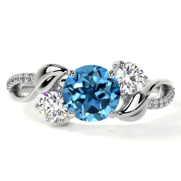 Natural Round Shape Swiss Topaz Prong Set Three Stone Ring