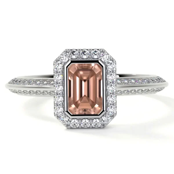 Natural Emerald Cut Morganite Bezel Set Halo Ring