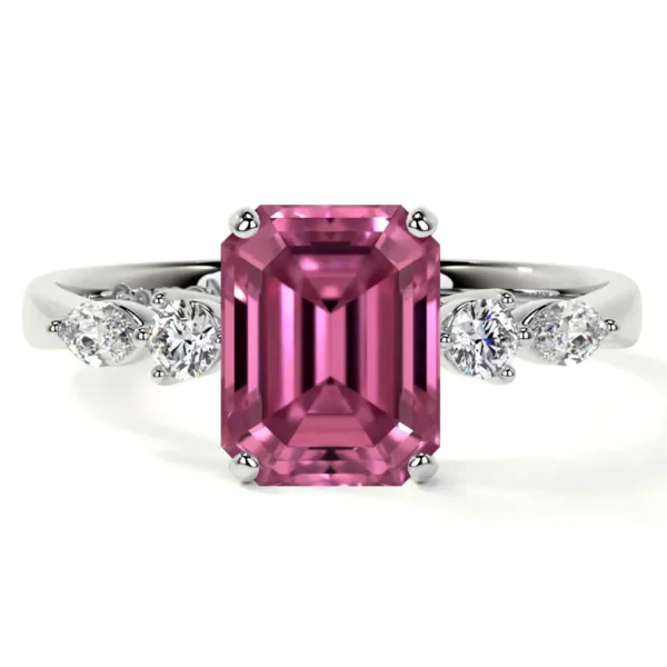 Natural Emerald Cut Pink-Tourmaline Prong Set Ring