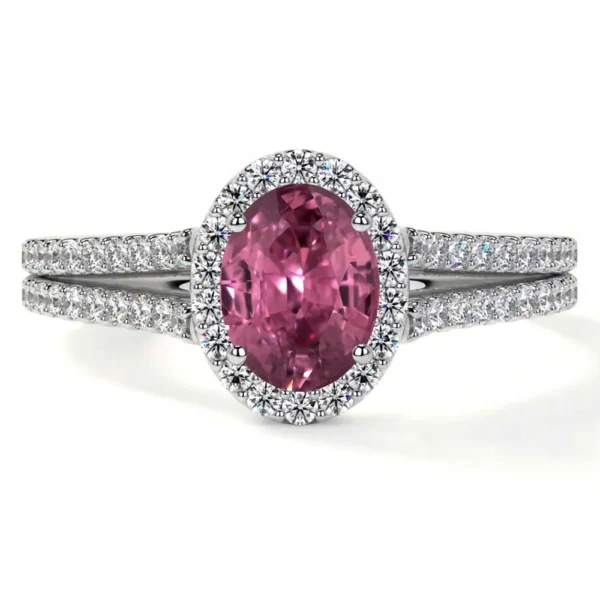 Natural Oval Cut Pink Tourmaline Prong Set Halo Ring