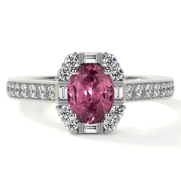 Natural Oval Cut Pink Tourmaline Prong Set Halo Ring