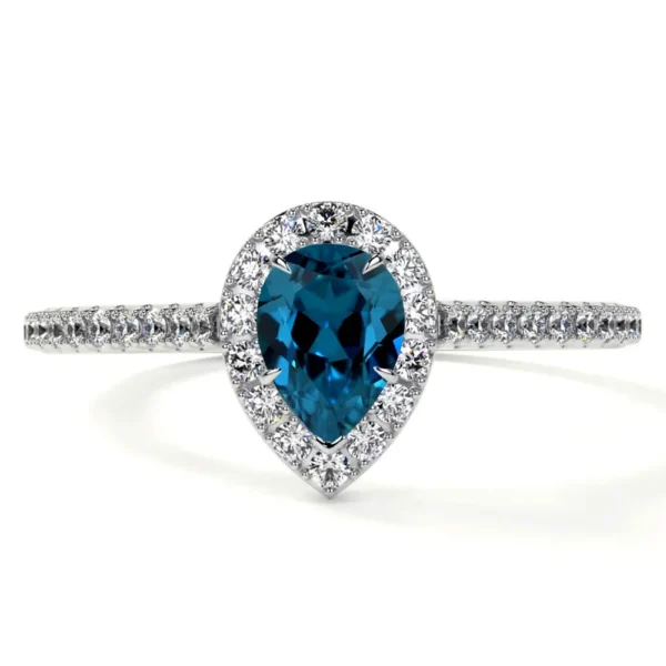 Natural Pear Shape London Topaz Prong Set Halo Ring