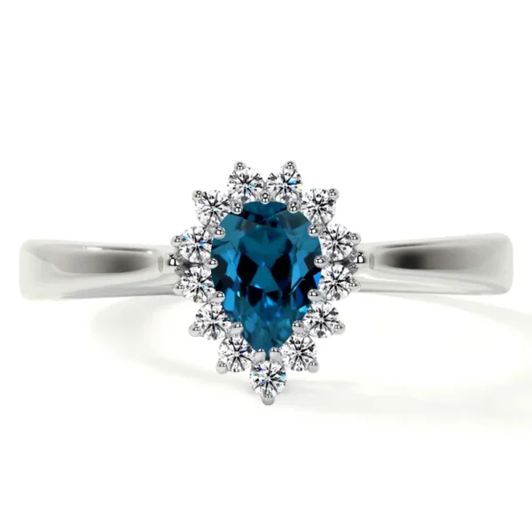 Natural Pear Shape London Topaz Prong Set Halo Ring