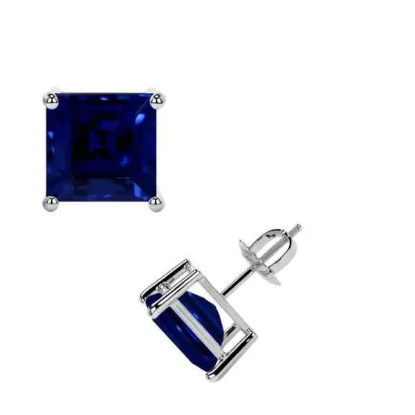 Natural Blue Sapphire Square Classic Four Prong Set Stud Earrings
