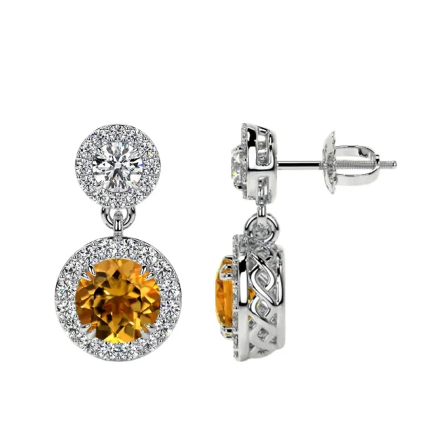 Natural Round Shape Citrine Dangling Earrings