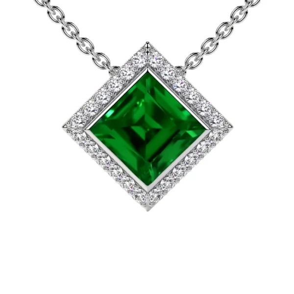 Natural Emerald Square Halo Diamond Pendant (0.73cttw)