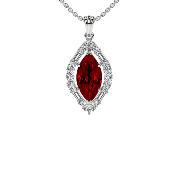 Natural Prong Set Round And Straight Baguette Diamonds Halo Ruby Pendant (1.26cttw)