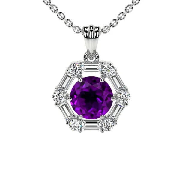 Natural Prong Set Round And Straight Baguette Diamonds Halo Amethyst Pendant (1.06cttw)