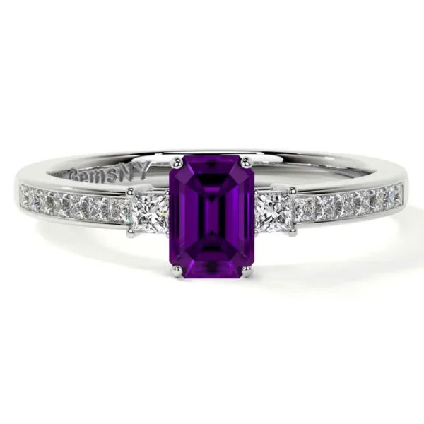 Natural Emerald Cut Amethyst Prong Set Three Stone Ring