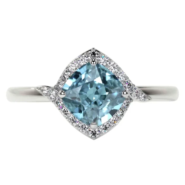 Natural Square Cushion Aquamarine Prong Set Halo Ring