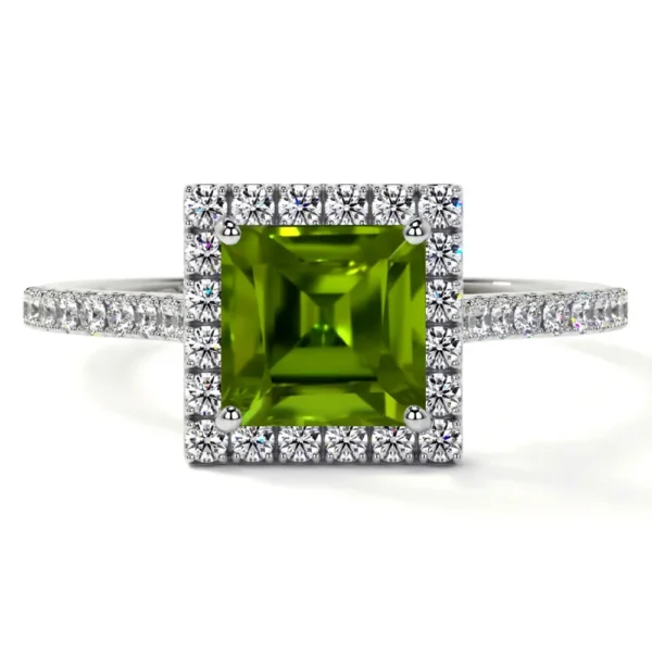 Natural Square Cut Peridot Prong Set Halo Ring